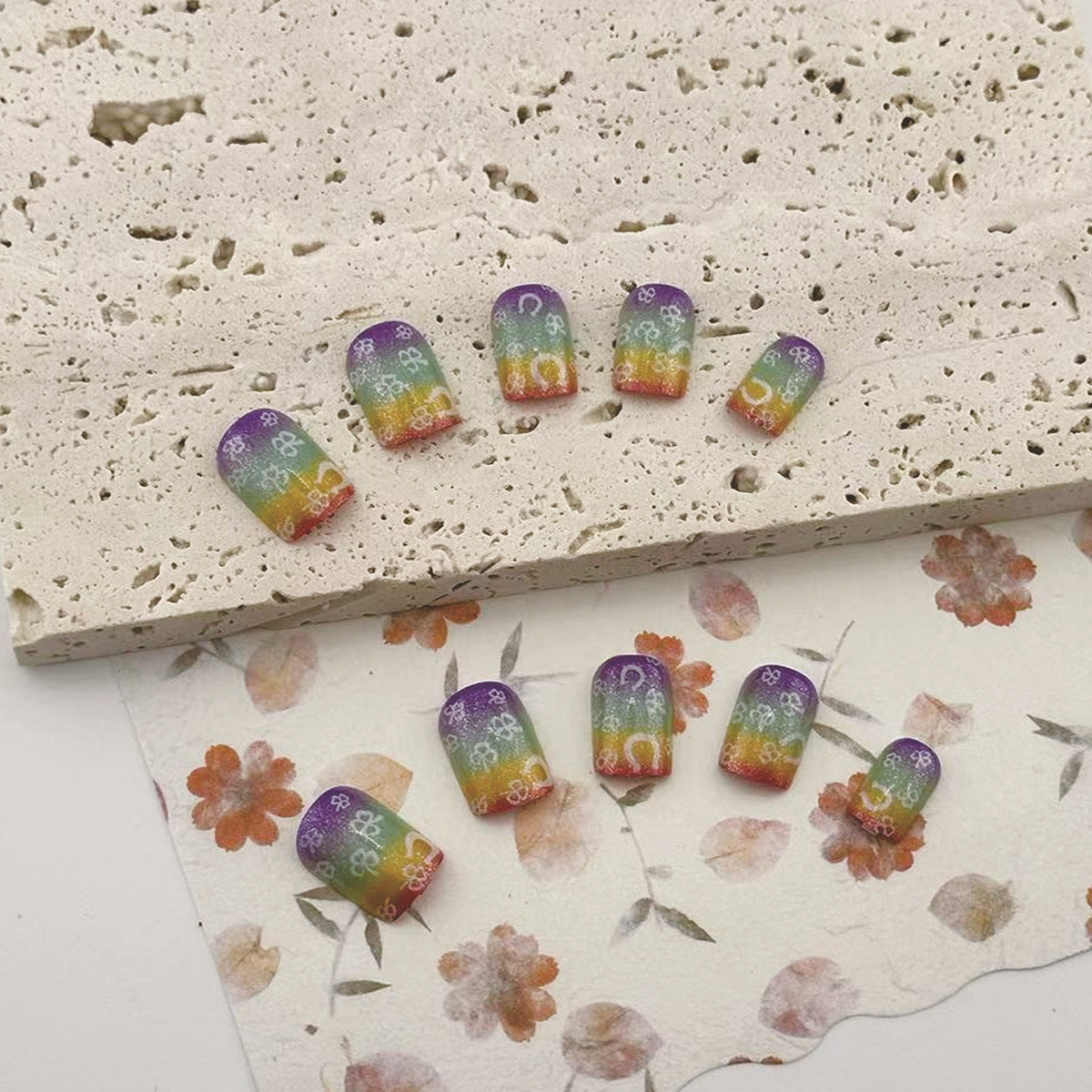 Rainbow Garden Dreamy Press On Nail Set Short Square Gradient Color with Floral Patterns