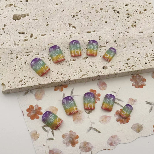 Rainbow Garden Dreamy Press On Nail Set Short Square Gradient Color with Floral Patterns