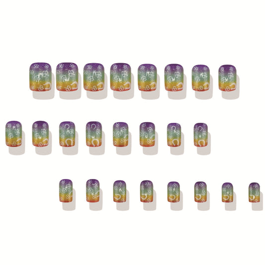 Enchanted Rainbow Dreams Short Square Gradient Press On Nail Set with Whimsical Floral Design