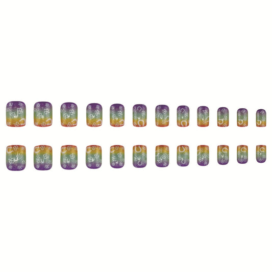 Celestial Vibes Short Square Gradient Rainbow Press-On Nail Set with Whimsical Floral Design