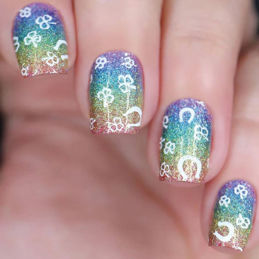 Whimsical Garden Rainbow Ombre Short Square Glitter Press On Nail Set with Floral Design
