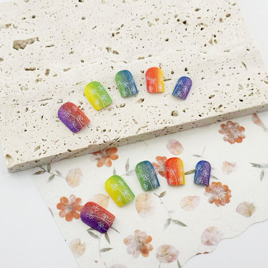 Rainbow Dream Press On Nails Set Featuring Ombre Gradient and Elegant Floral Design in Short Square Shape Multicolor Finish