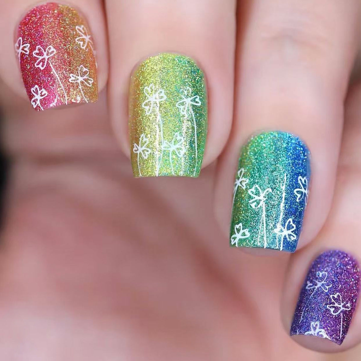 Rainbow Garden Short Square Press On Nail Set with Glittery Floral Design