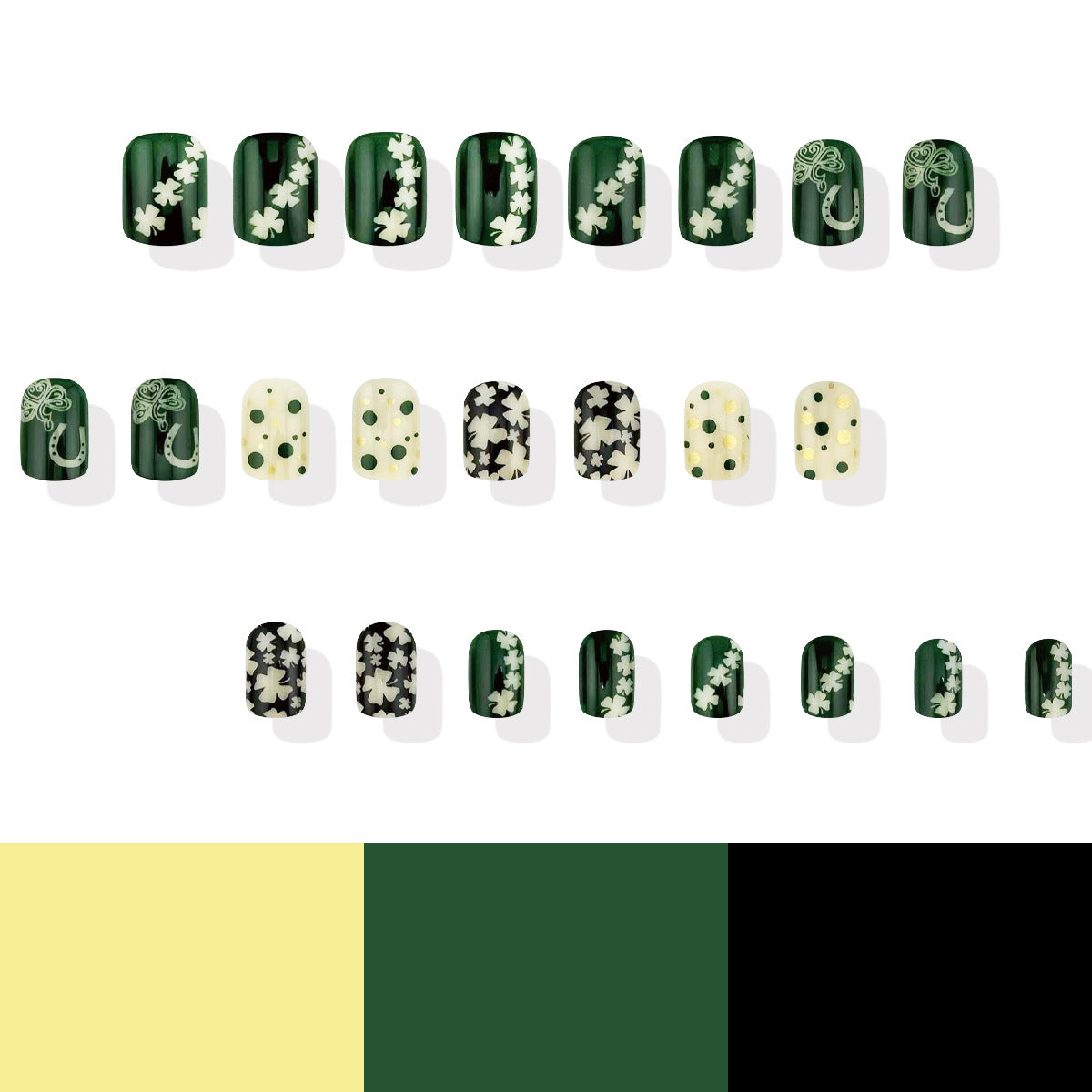 Enchanted Forest Inspired Press On Nail Set Short Square Dark Green and Yellow with Floral Accents