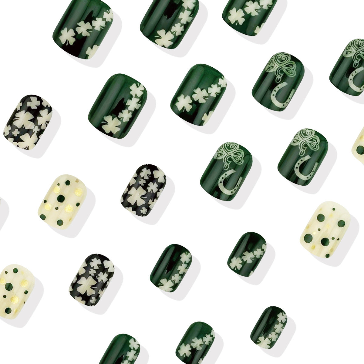 Lucky Clover Celebration Press On Nail Set in Short Square Green with Shamrock and Polka Dot Designs