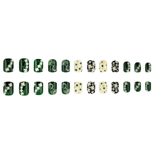 Enchanting Forest Inspired Green and Yellow Short Square Press On Nail Set with Botanical Patterns