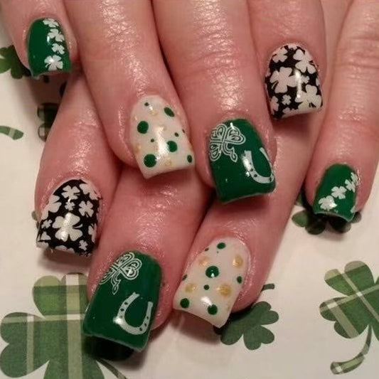 Festive Emerald Short Square Nails in Green and Black with Lucky Shamrock Designs