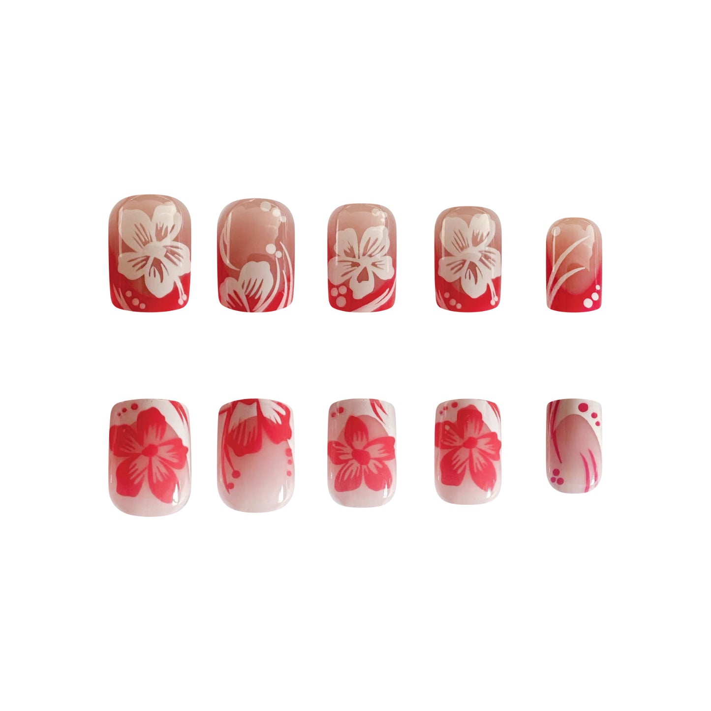Tropical Blossom Press On Nails in Short Square Shape Red and Pink Floral Design for Effortless Glamour