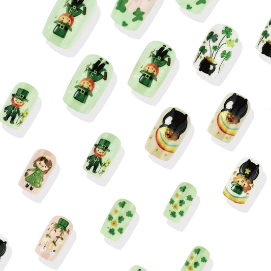 Whimsical Luck Medium Square Green Press-On Nail Set Featuring Playful Irish-Themed Designs