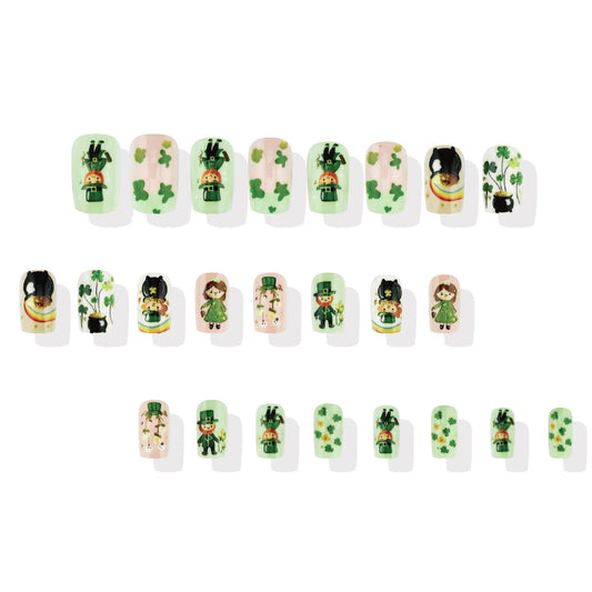 Lucky Charm Press-On Nail Set Medium Square Green with Festive Shamrock and Whimsical Character Designs