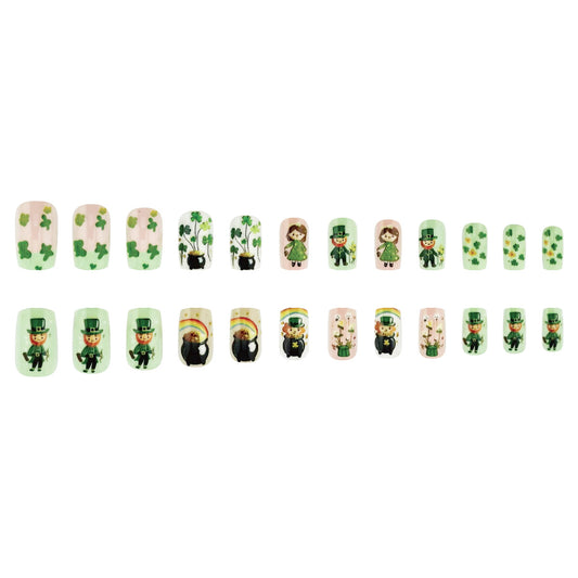 Leprechaun Dreams Medium Square Green with Charming Folk and Lucky Clover Design Press On Nail Set