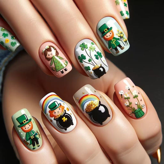 Lucky Charm Press On Nail Set featuring Short Square Shape Vibrant Green with Charming Leprechaun Designs