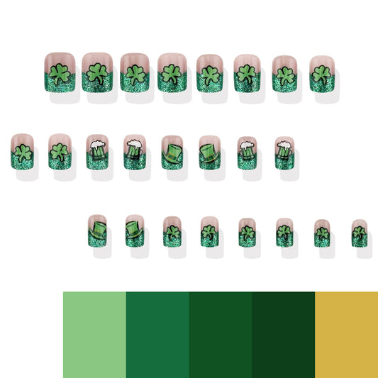 Lucky Charm Festive Short Square Green Glitter Press-On Nail Set with Shamrock and Beer Designs