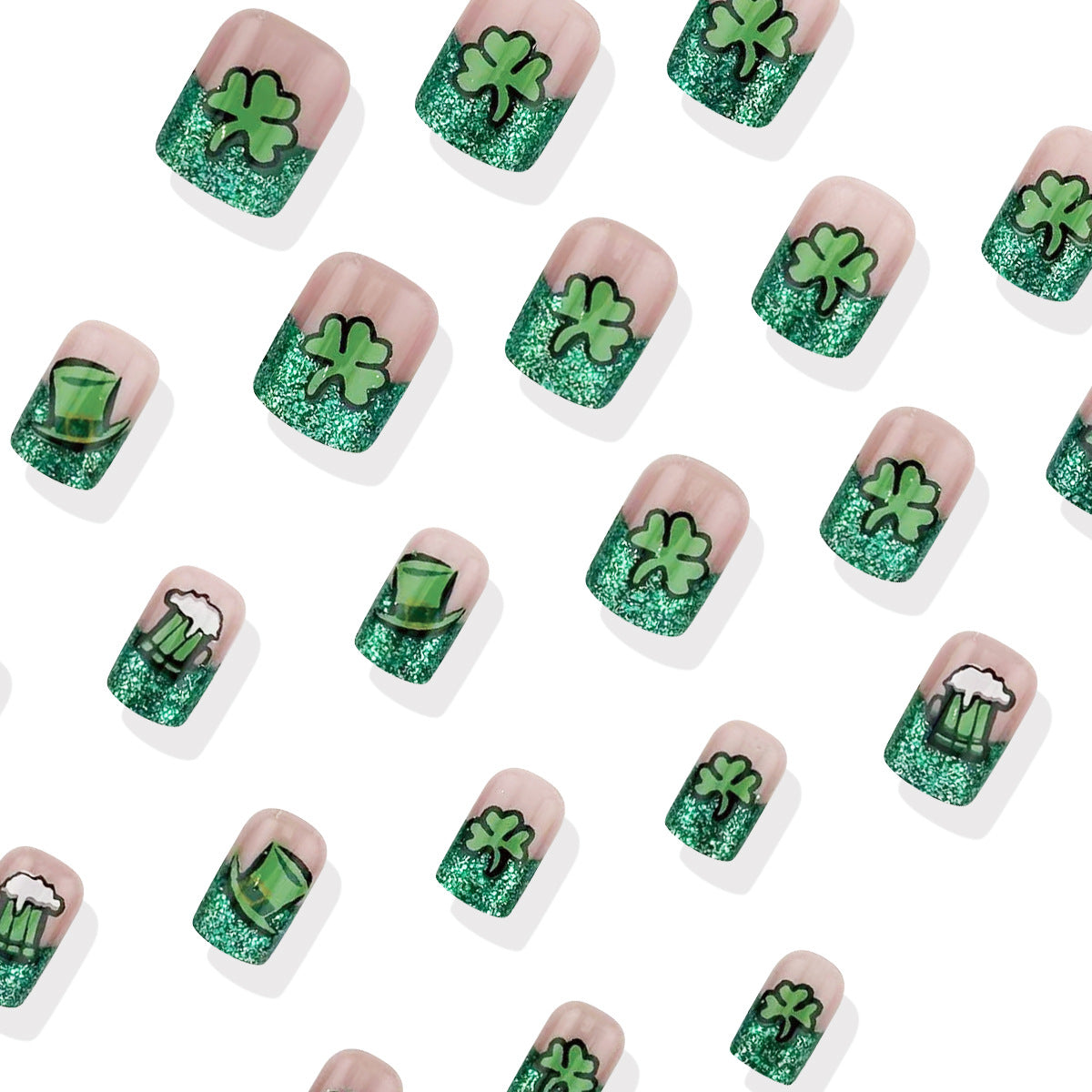 St. Patrick's Day Celebration Short Square Green Glitter Press-On Nail Set Featuring Lucky Clover and Beer Mug Designs