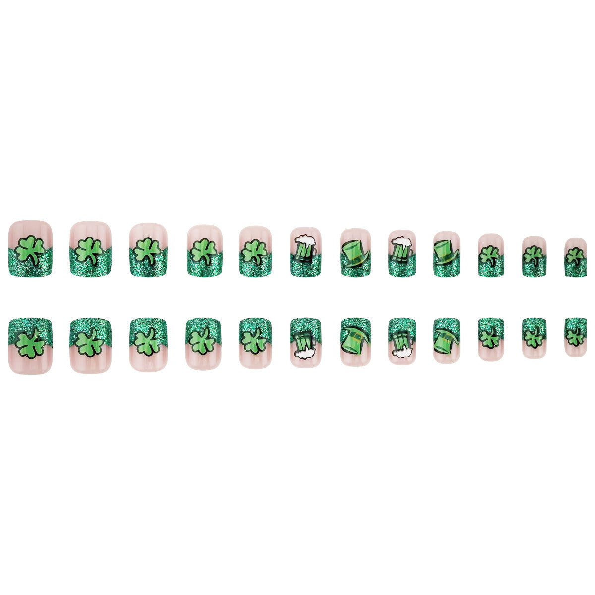 Lucky Charm Short Square Green Glitter Press On Nail Set with Shamrock and Beer Mug Designs
