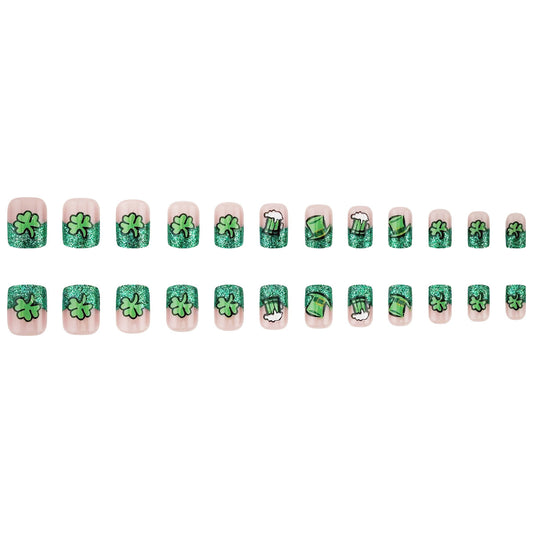 Lucky Charm Short Square Green Glitter Press On Nail Set with Shamrock and Beer Mug Designs