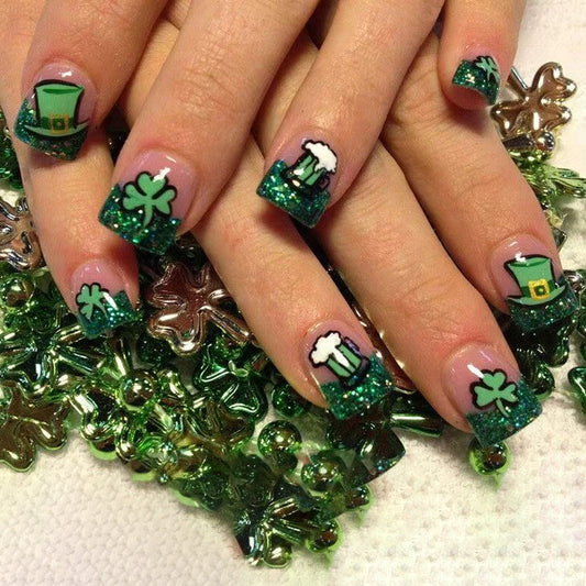 Lucky Charm Glitter Green Short Square Press On Nail Set with Festive Beer and Shamrock Designs