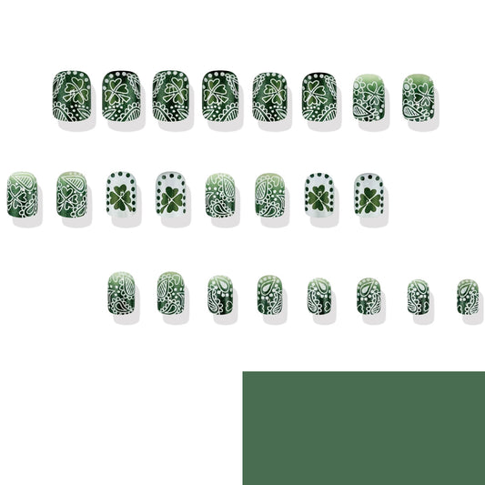 Emerald Garden Press-On Nails Short Square Green Intricate Leaf Design