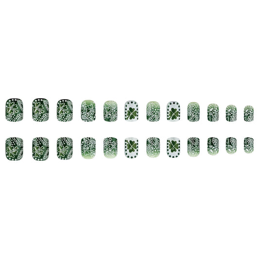Emerald Enchantment Press On Nail Set in Short Square Green with Intricate White Patterns