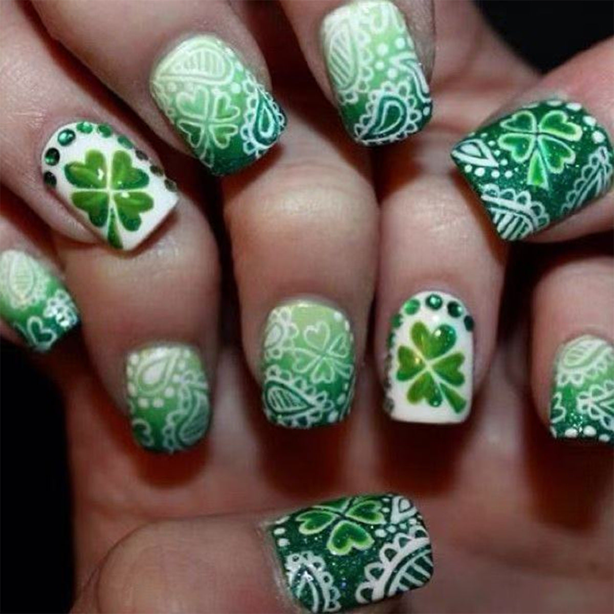 Lucky Charm Short Square Press On Nails in Green with Intricate Shamrock Design