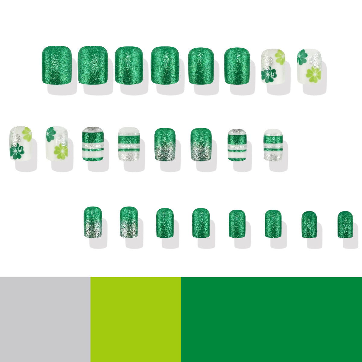 Lucky Charm Press On Nail Set in Short Square Vibrant Green with Glitter and Shamrock Designs