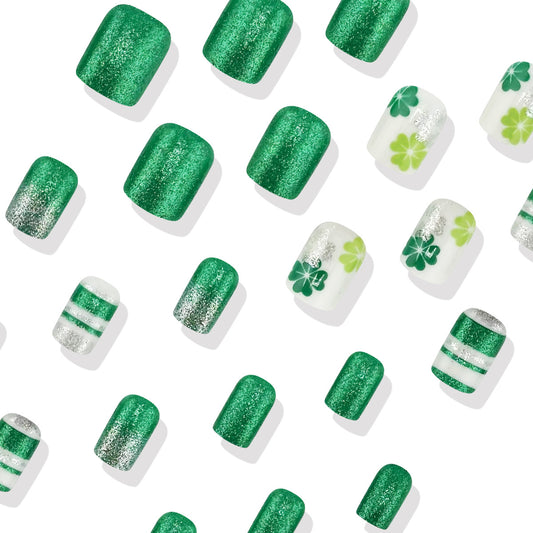 Shamrock Celebration Press On Nail Set Short Square Green Glitter with Floral Designs