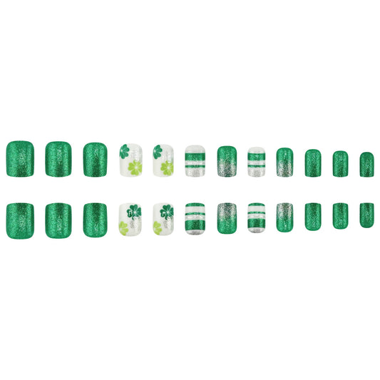 Lucky Charm Emerald Short Square Press-On Nail Set with Glitter and Shamrock Design