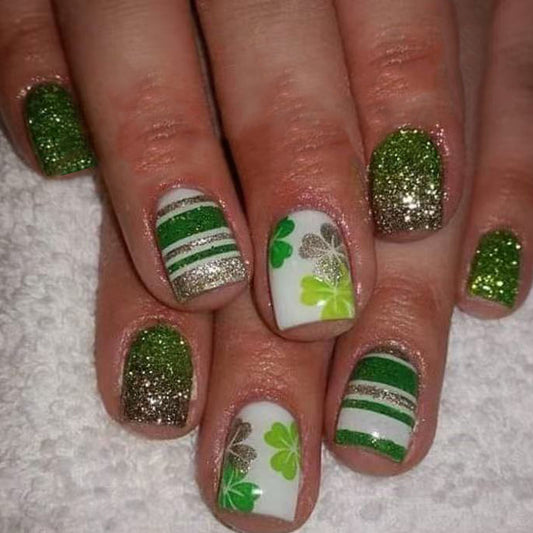 St. Patrick's Day Enchantment Short Square Green Glittery Nail Set with Charming Shamrock Accents