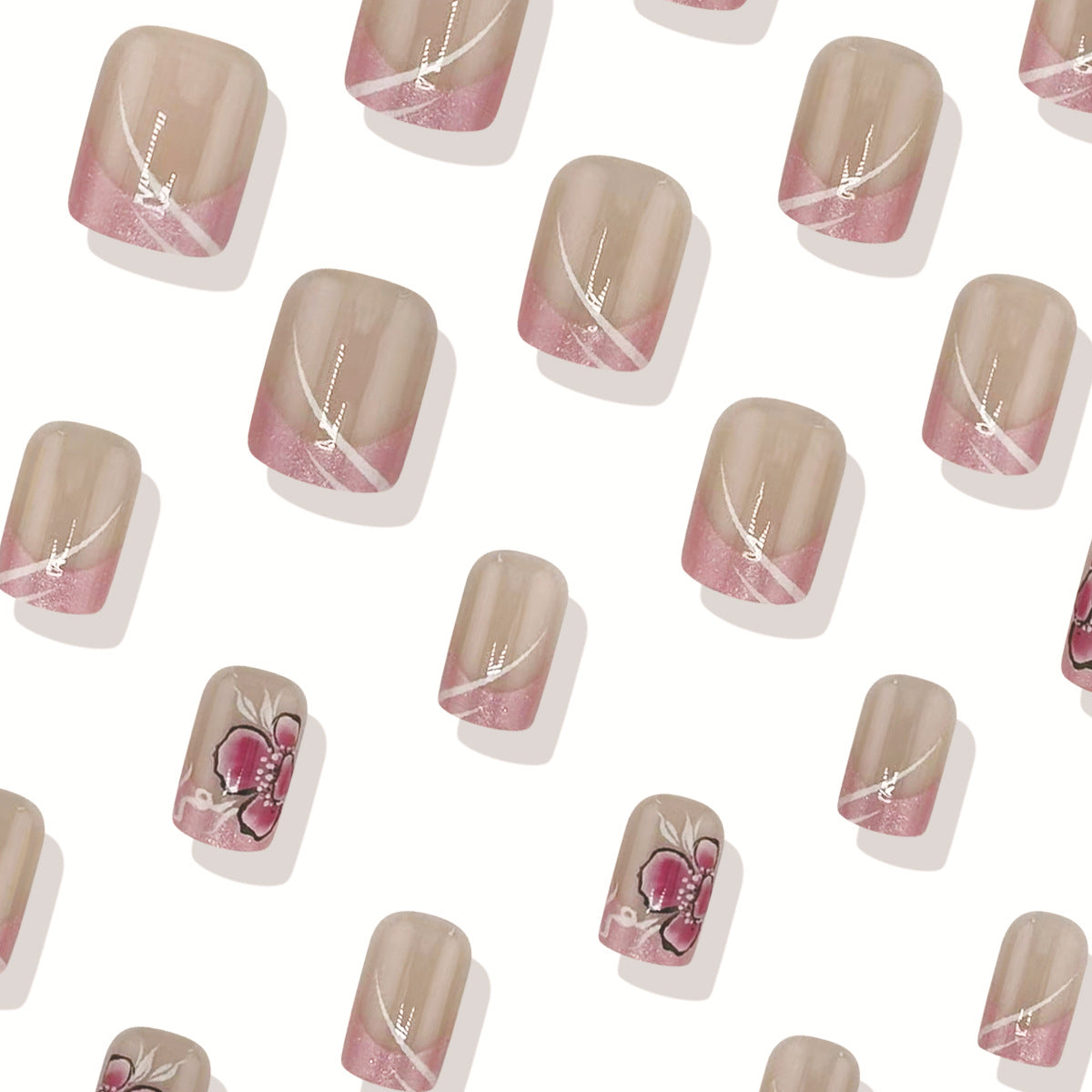 Blossom Elegance Short Square Beige with Pink Ombre and Floral Design Press-On Nail Set