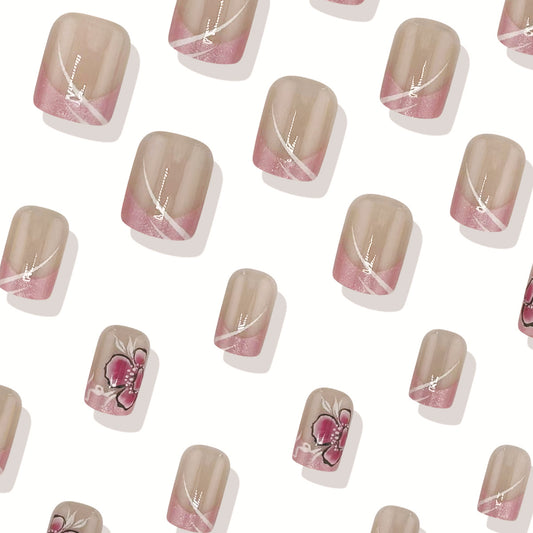 Blossom Elegance Short Square Beige with Pink Ombre and Floral Design Press-On Nail Set