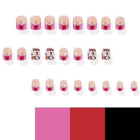 Romantic Heartfelt Pink Short Square Press on Nail Set with Charming Polka Dot and XOXO Designs