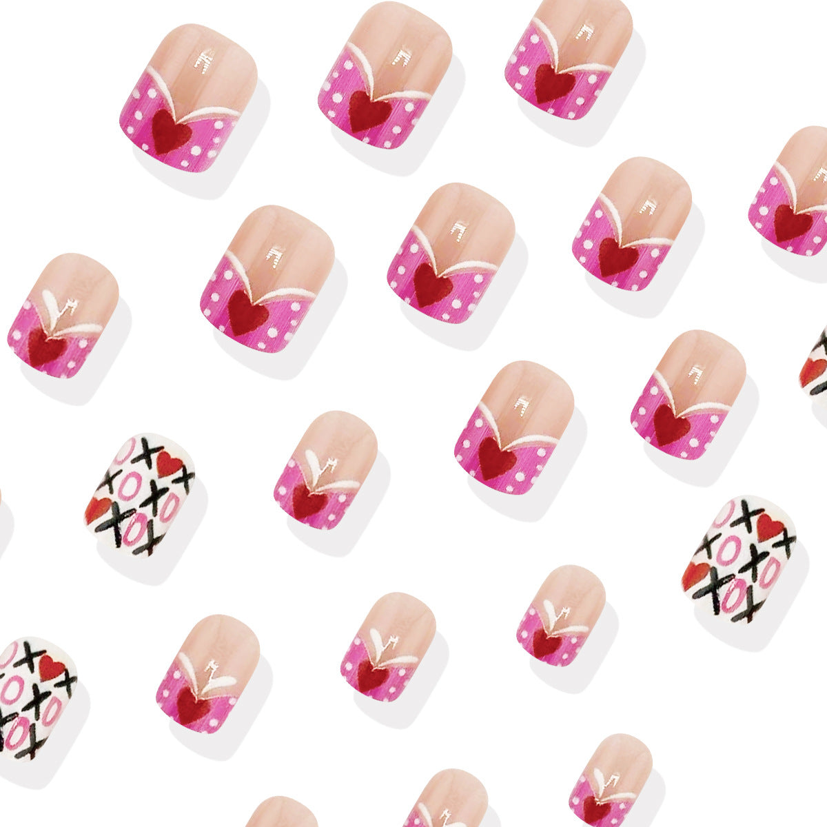 Valentine's Day Charm Short Square Pink and Heart Patterned Press On Nail Set with Whimsical Polka Dots