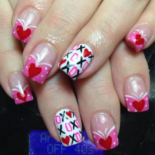 Romantic Heartfelt Embrace Short Square Pink Press On Nail Set with Whimsical Love Pattern