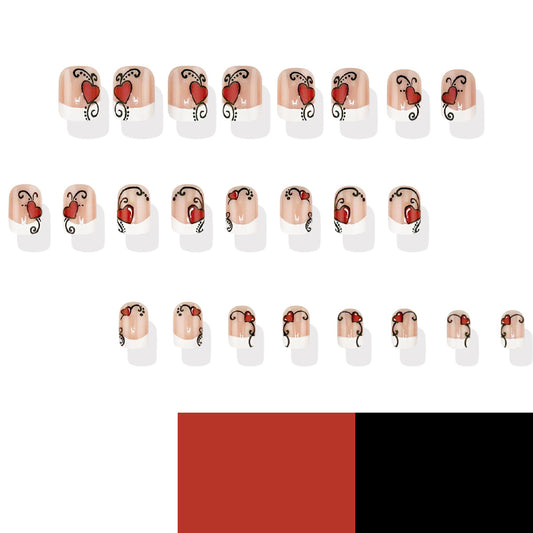 Romantic Elegance Lengthy Short Square Shaped Beige and Red Heart Design with Whimsical Swirls Press On Nail Set