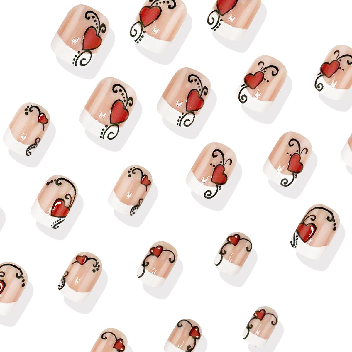 Romantic Whimsy Short Square Pink with Red Heart Design and Elegant Swirls Press-On Nail Set
