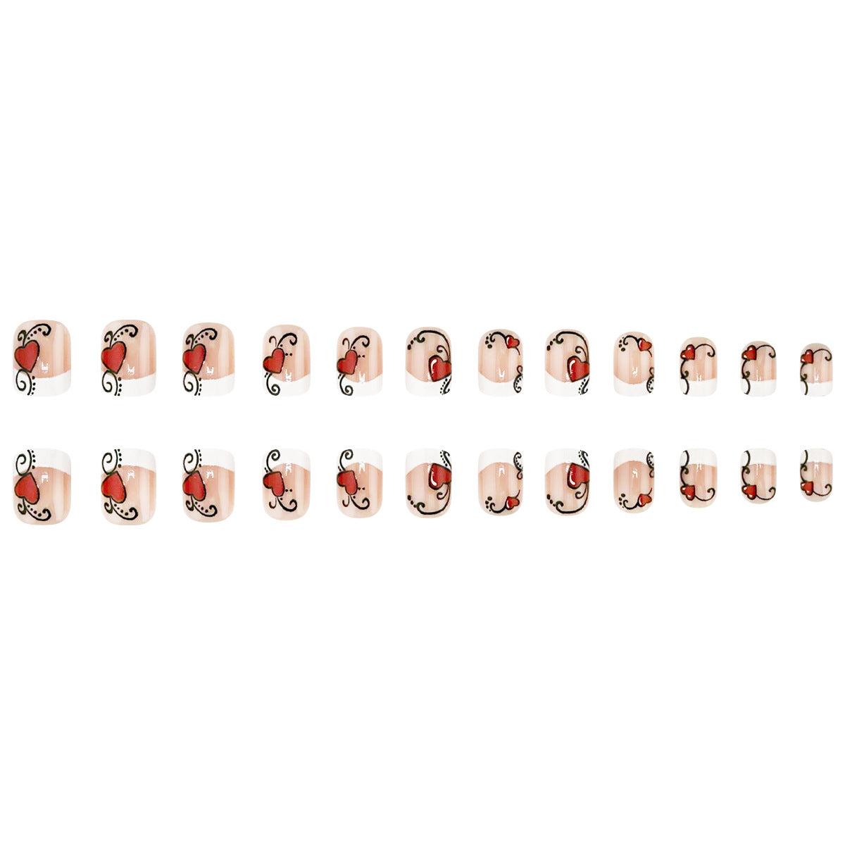 Romantic Heart Design Short Square Glossy Beige Press-On Nail Set with Elegant Swirl Patterns