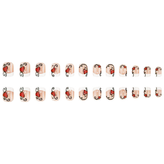 Romantic Heart Design Short Square Glossy Beige Press-On Nail Set with Elegant Swirl Patterns