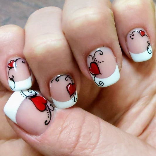 Romantic Heart Inspiration Short Squoval White and Red Floral Design Press On Nail Set