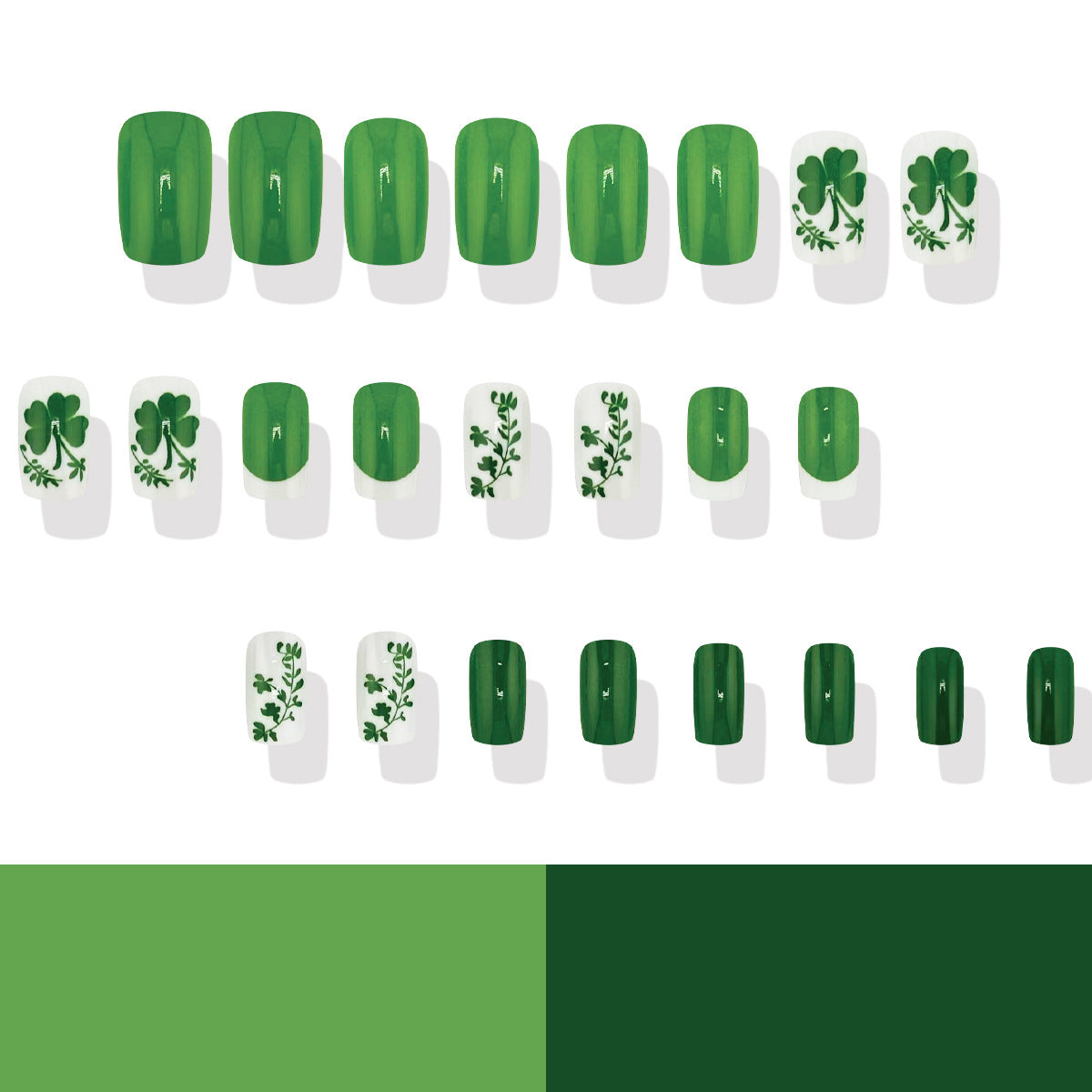 Luck of the Irish Short Square Green Nail Set with Glossy Finish and Botanical Designs