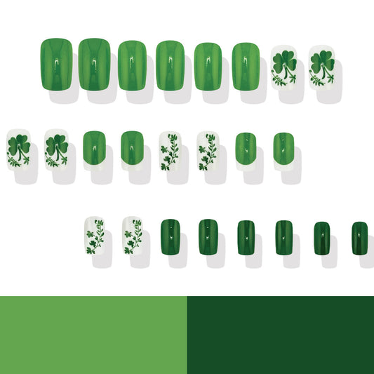 Luck of the Irish Short Square Green Nail Set with Glossy Finish and Botanical Designs