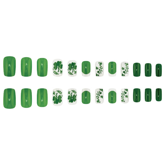 Emerald Enchantment Short Square Green Press On Nail Set with Shamrock Designs