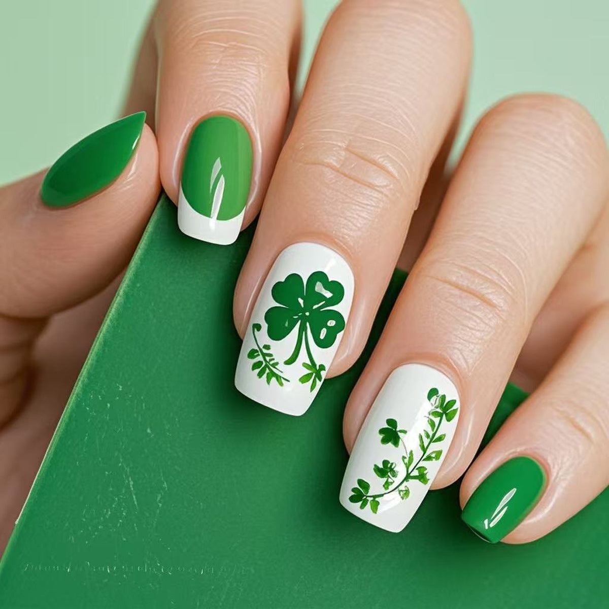 Lush Green Enchantment Short Square and Square Shape Deep Green with Shamrock Designs Press On Nail Set