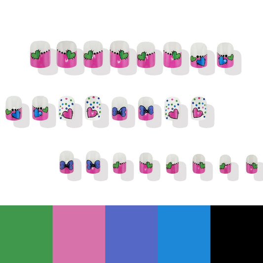 Whimsical Heart and Butterfly Design Press-On Nail Set in Short Square Style with Colorful Pink and White Finish Featuring Playful Artwork