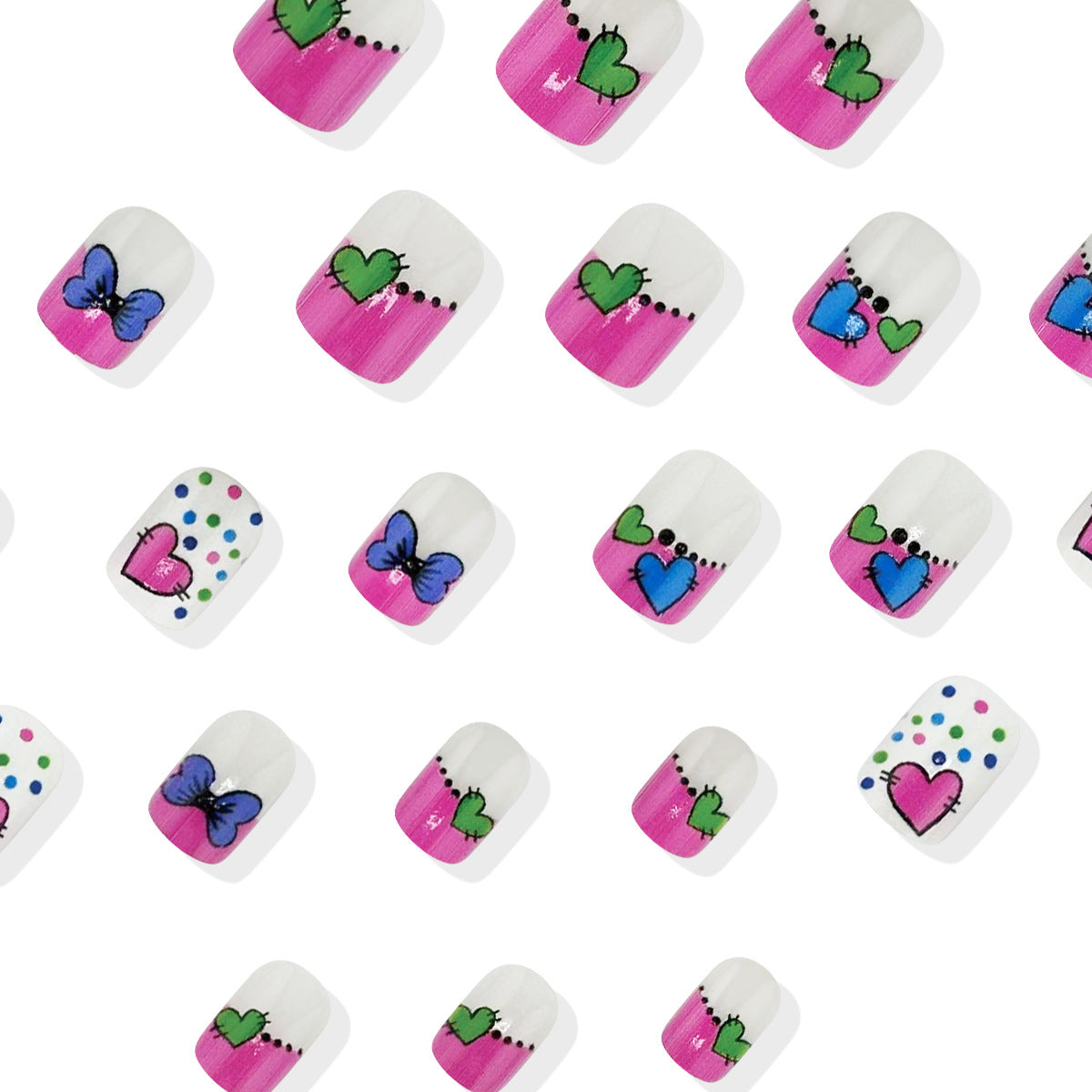 Whimsical Charm Short Square Pink and White Heart and Butterfly Design Press On Nail Set