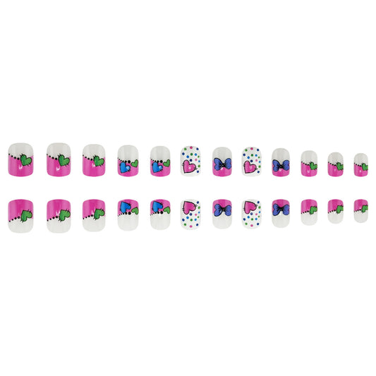 Charming Spring Vibe Short Square Pink and White Nail Set with Cute Heart and Butterfly Designs