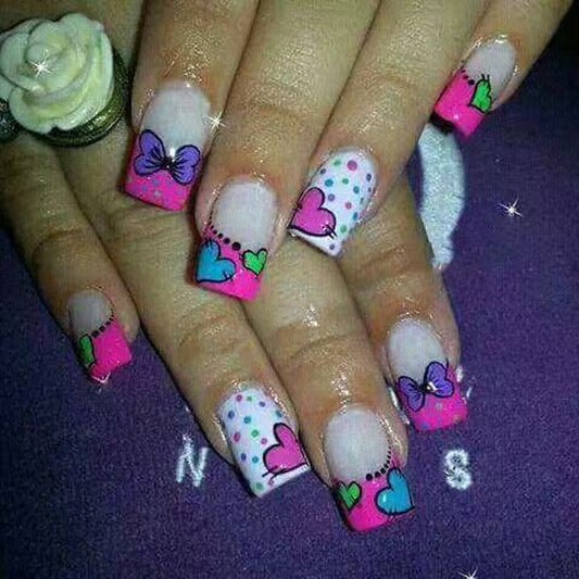 Whimsical Love Hearts Medium Square Pink Colorful Bow Press On Nail Set