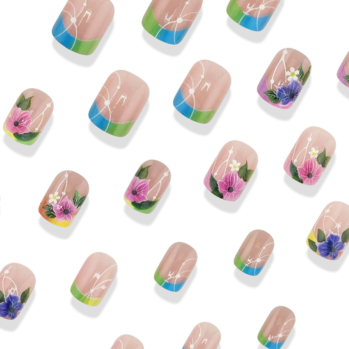 Floral Fantasy Short Square Press On Nail Set in Pastel Green and Blue with Vibrant Flower Art