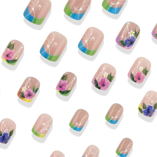 Floral Fantasy Short Square Press On Nail Set in Pastel Green and Blue with Vibrant Flower Art