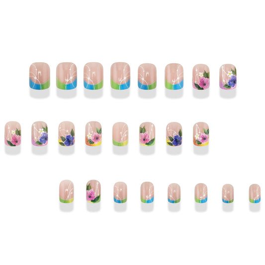 Floral Fantasy Short Square Pastel Colorful Artistic Design Press On Nail Set