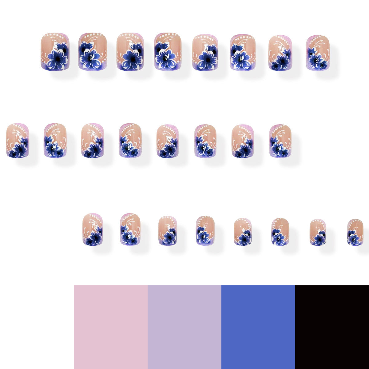 Bohemian Floral Elegance Short Square Blue and Purple Press-On Nail Set with Artistic Floral Design